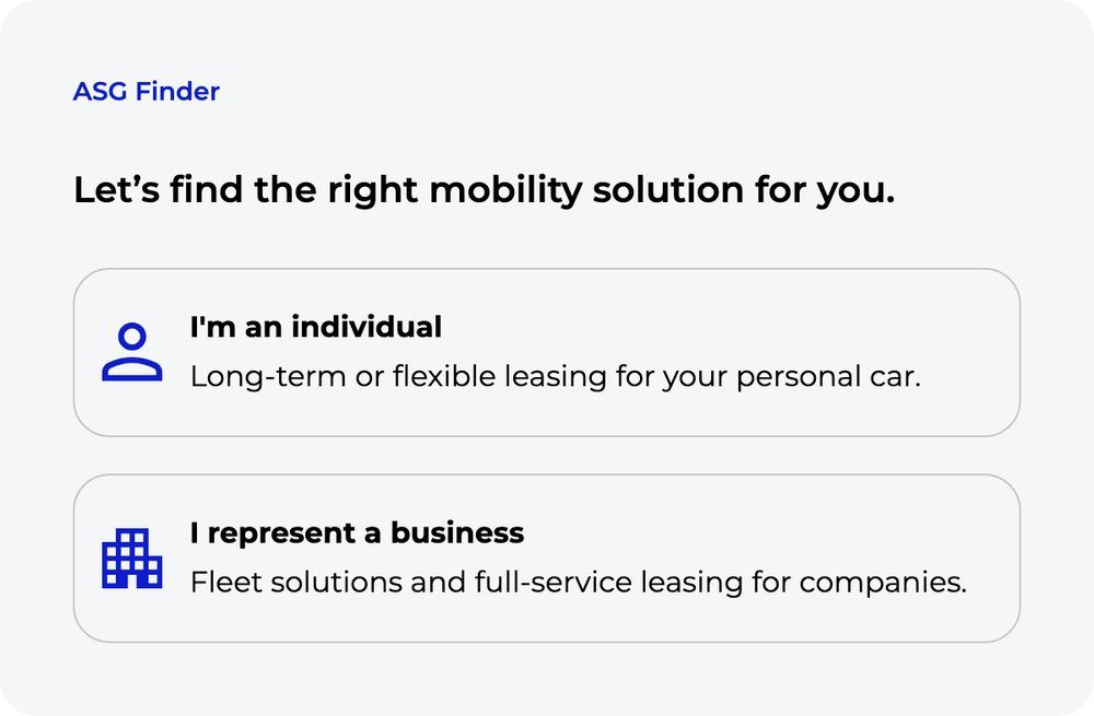 The ASG Finder asking whether the visitor is an individual or a business