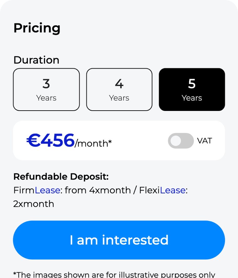 A vehicle pricing panel showing contract durations, a monthly figure, VAT toggle and the refundable deposit terms