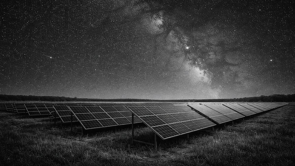 Rows of solar panels in a field under the Milky Way